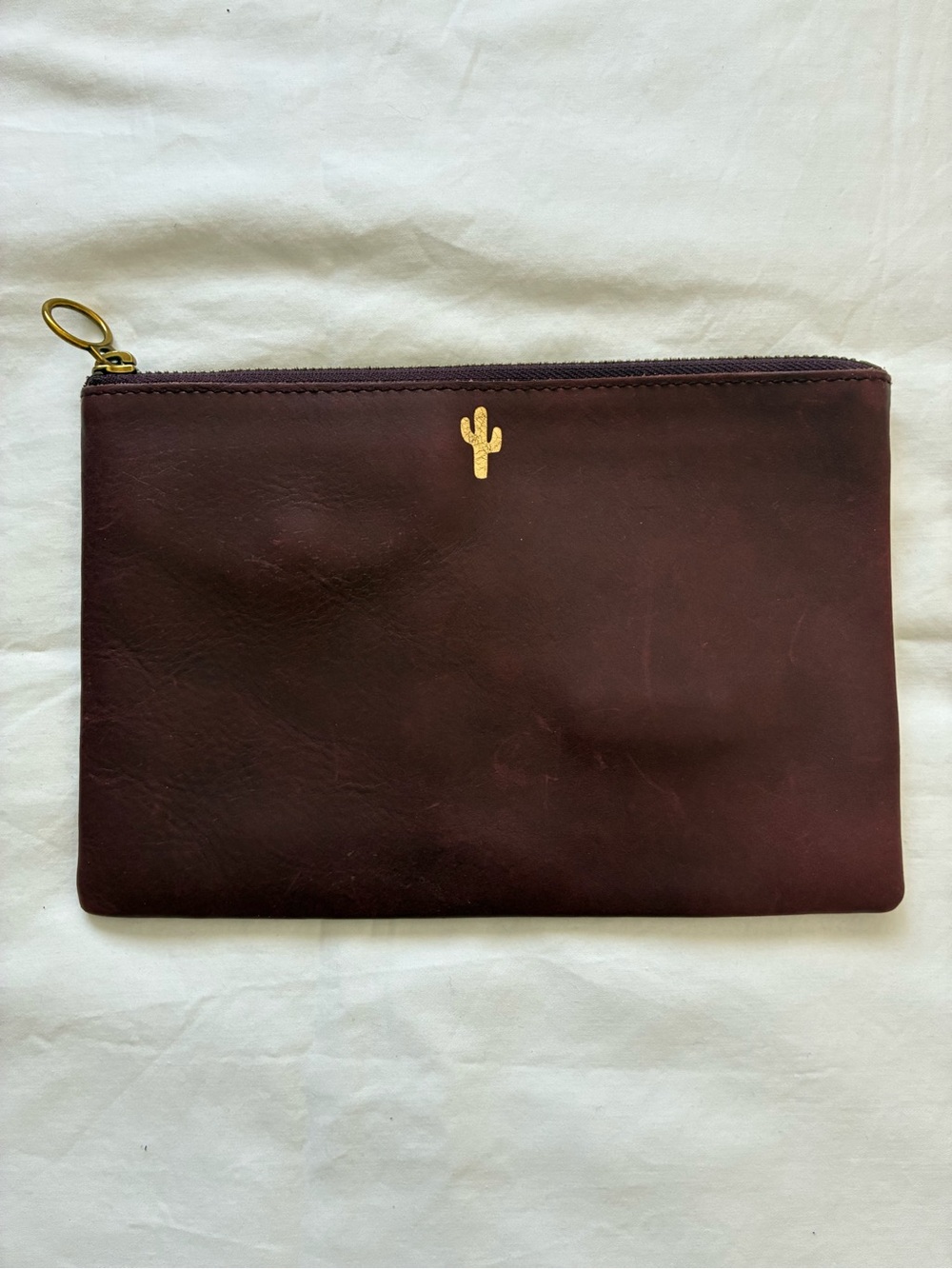 Madewell Burgundy Leather Zip Pouch with Gold Cactus